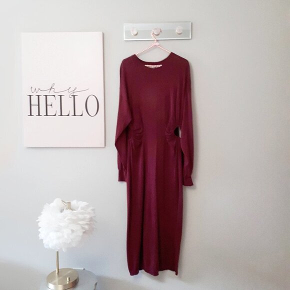 NWT Zara plum burgundy long sleeve cotton dress with side cutouts, L - Picture 7 of 10